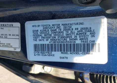 2002 Toyota Camry Le из США, поврежденный, VIN 4T1BE32K82U554016